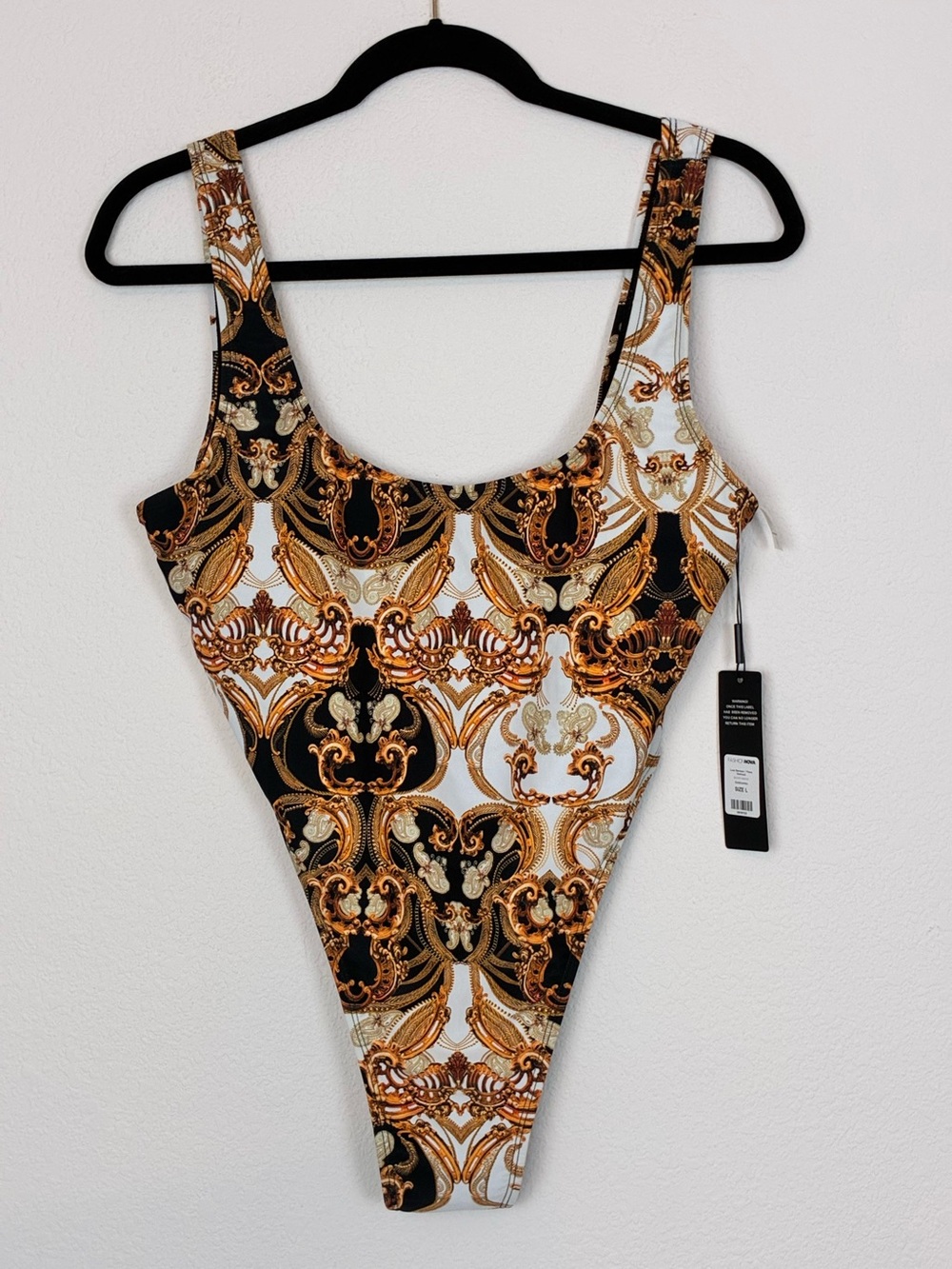 Fashion Nova NWT One-Piece Swimsuit in Black, White & Gold Baroque